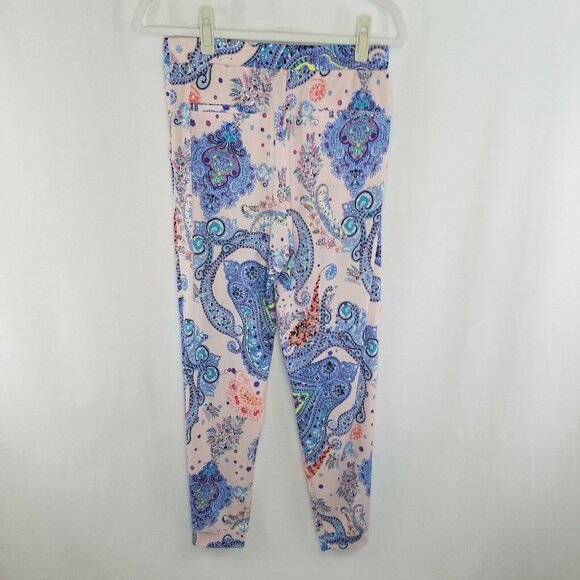 Express Women's Small Pants Pull On Pleated Stretch Paisley Pink Blue Pockets - Picture 2 of 7